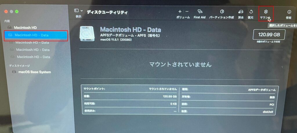 Macintosh HD-Dataをマウントして削除。Macintosh HD-Dataが無くなるまで繰り返す